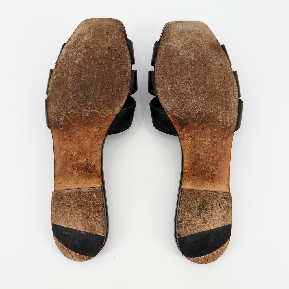Saint Laurent Tribute Sandal Flat Mules Black Slides Smooth Leather Woven 37.5 - Picture 7 of 12
